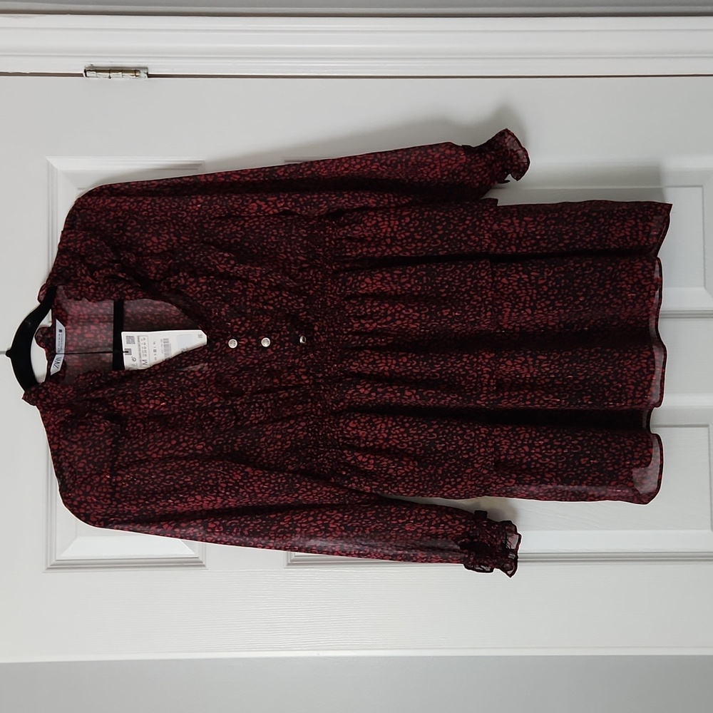 NWT Zara Tiered Red and black leopard print mini dress- Size M